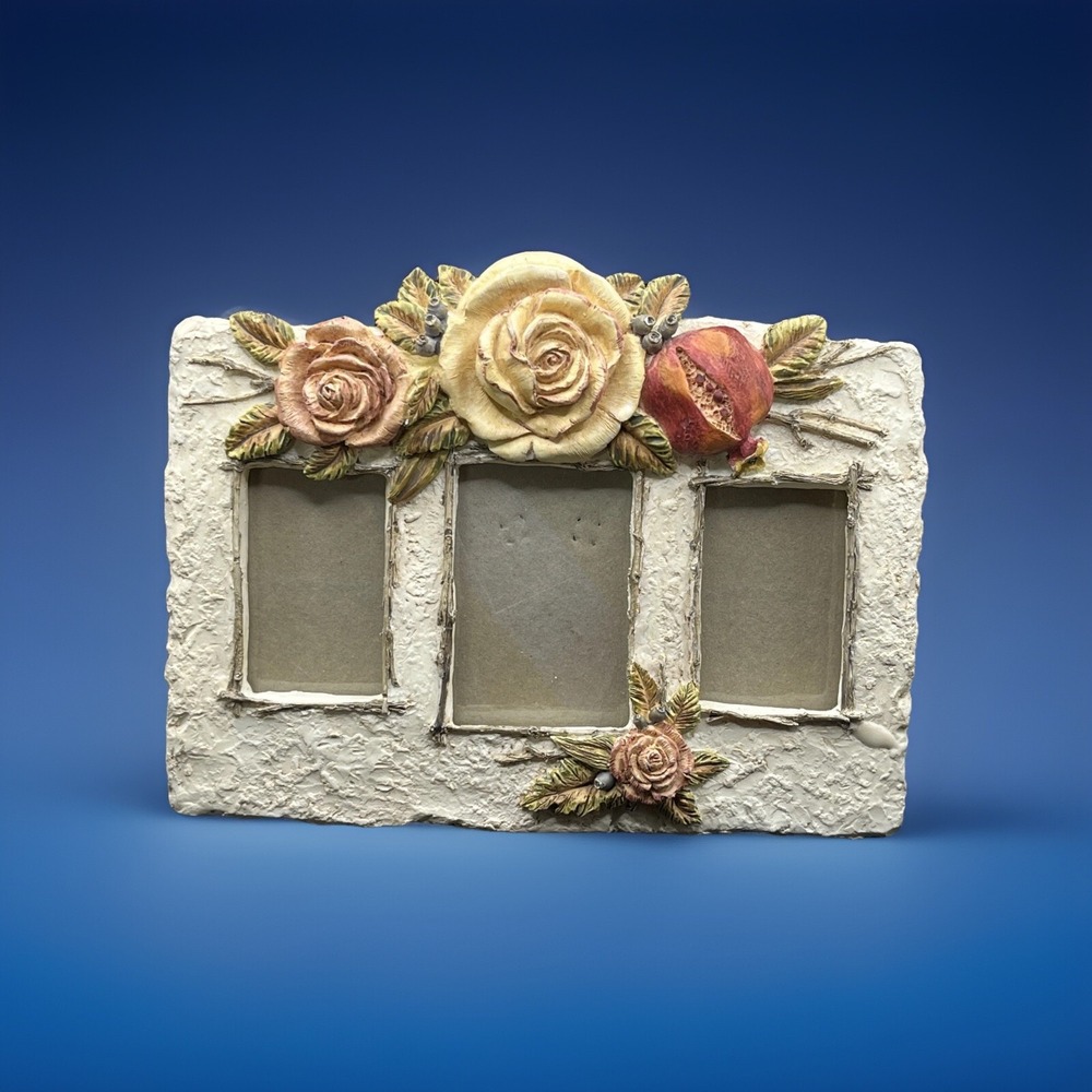 Figi Photo 3 Picture Frame‎ White w/ Roses Decorative Collectible Photo Frame